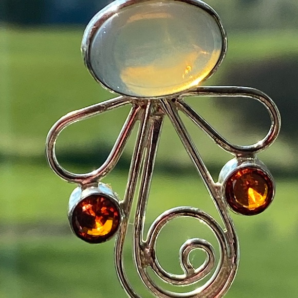 Handcrafted Silver Opaline Cabochon and Faceted Orange Topaz Stone Angel Pendant - Picture 2 of 7